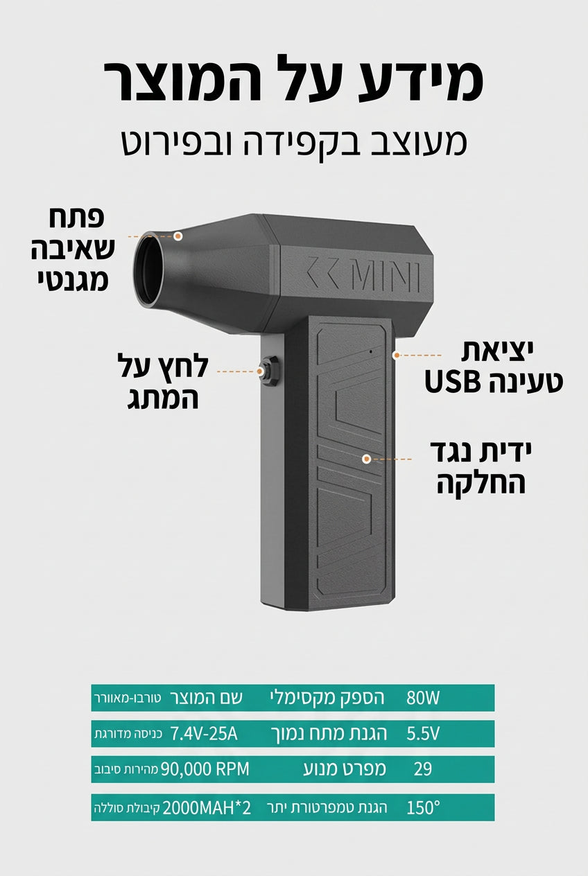 Ustrel AirJet — מפוח אוויר חשמלי לניקוי מחשבים